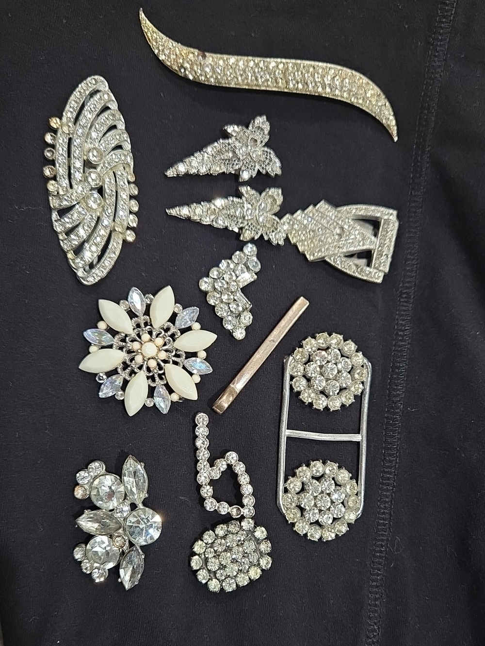 12 Piece Rhinestone Brooch Set - Silver Floral and Crystal Pins